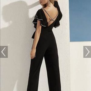 Pant jump suit rhinestone trim ruffle sleeve criss cross back Frank Lyman,NWT